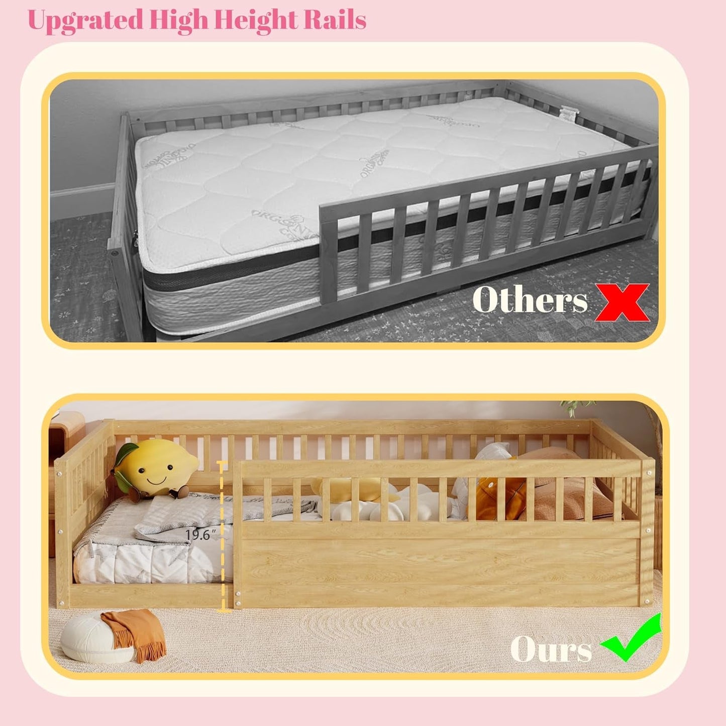 Floor Bed for Kids, Twin Size Montessori Bed with High Fence Railings,